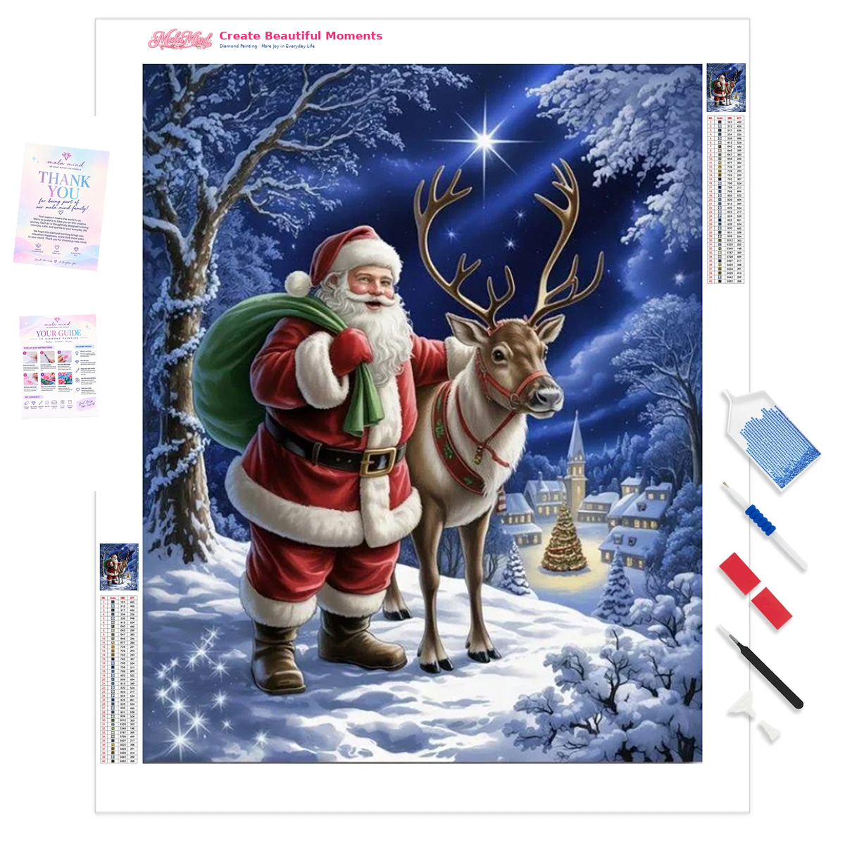Santa stands beside a harnessed reindeer above a glowing snowy Christmas village under a starry sky.
