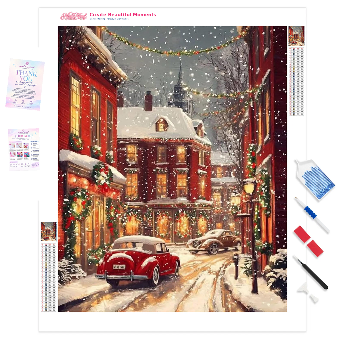 MalaMind Gallery V3 | 01 Product Clarity | LS-260921-082 | Snowy Christmas village street with red buildings, glowing windows, garlands, and two vintage cars.