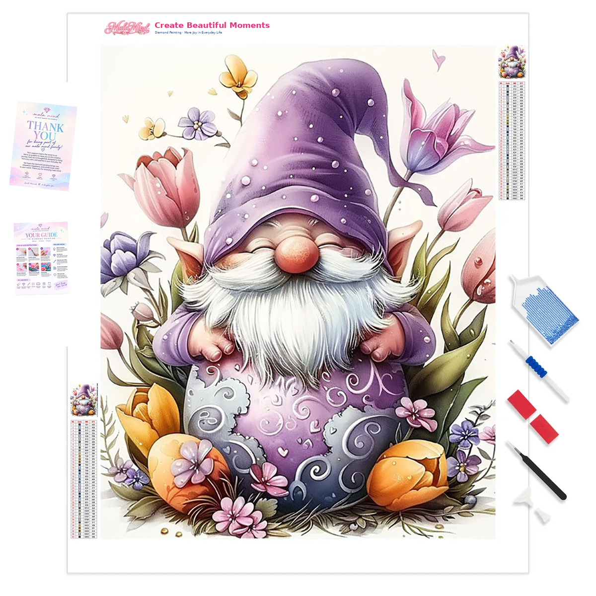 Bearded garden gnome in a jeweled purple hat surrounded by colorful tulips, lilies, and orange flowers