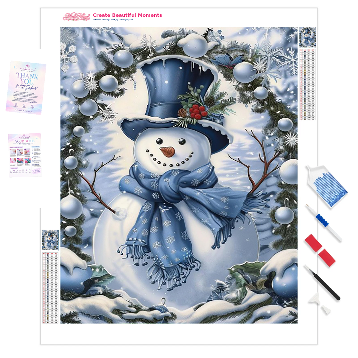 MalaMind Gallery V3 | 01 Product Clarity | CH-260921-071 | Cheerful snowman in a blue top hat and scarf framed by snowy evergreens and ornaments