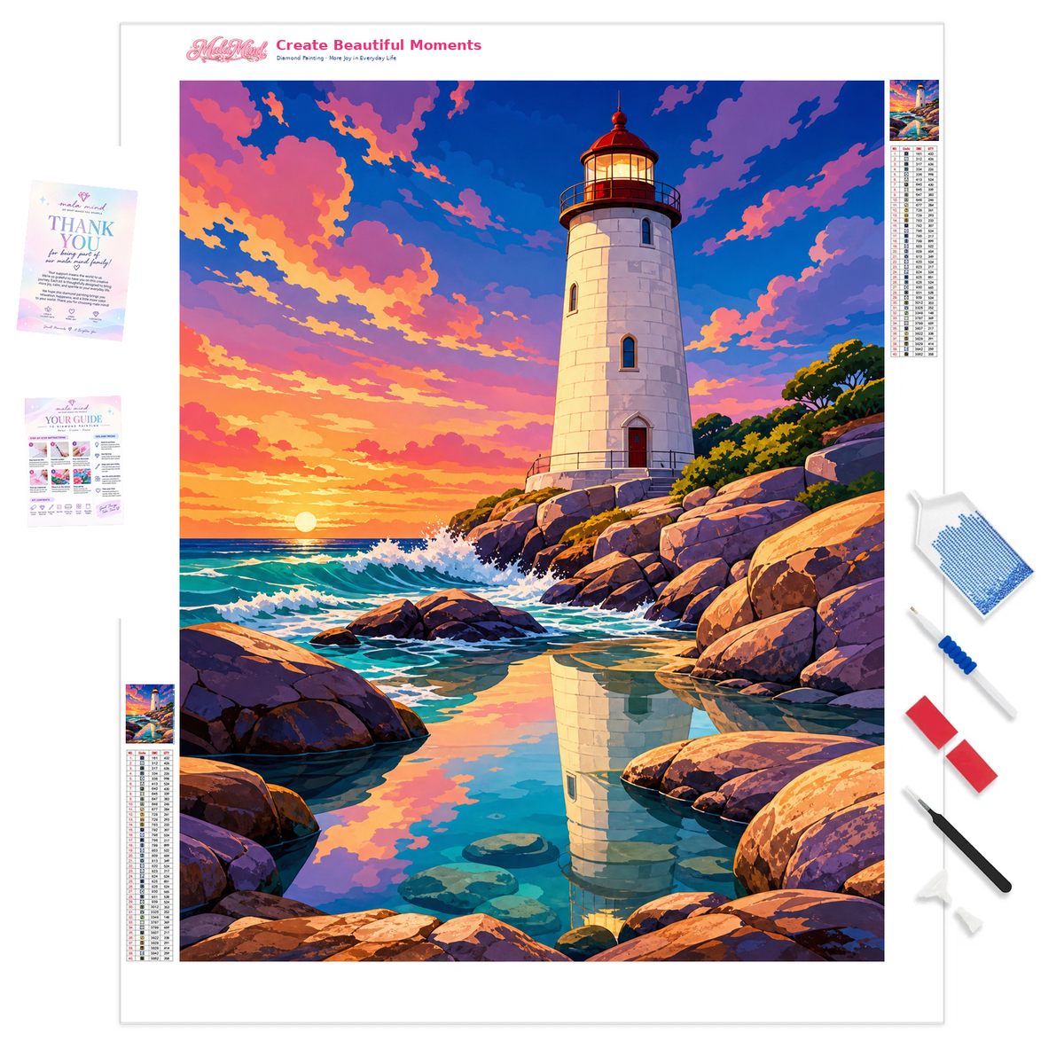 MalaMind Gallery V3 | 01 Product Clarity | LI-261006-002 | White lighthouse beside turquoise water and rocks beneath a vivid coral and blue sunset sky