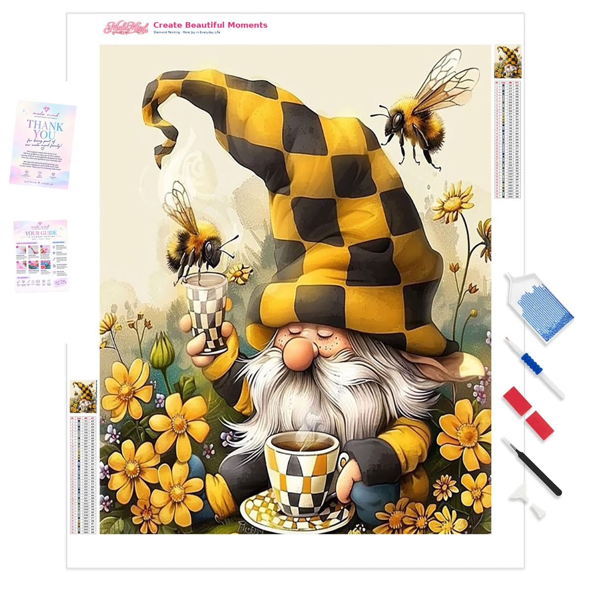MalaMind Gallery V3 | 01 Product Clarity | FA-260921-008 | Bearded garden gnome in a checkered hat enjoying tea among yellow flowers and hovering bees