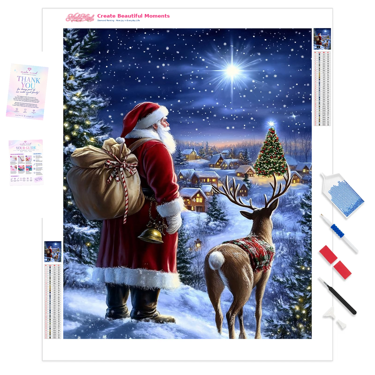 MalaMind Gallery V3 | 01 Product Clarity | CH-260921-078 | Santa with a gift sack and decorated reindeer overlooking a snowy village beneath a bright star.