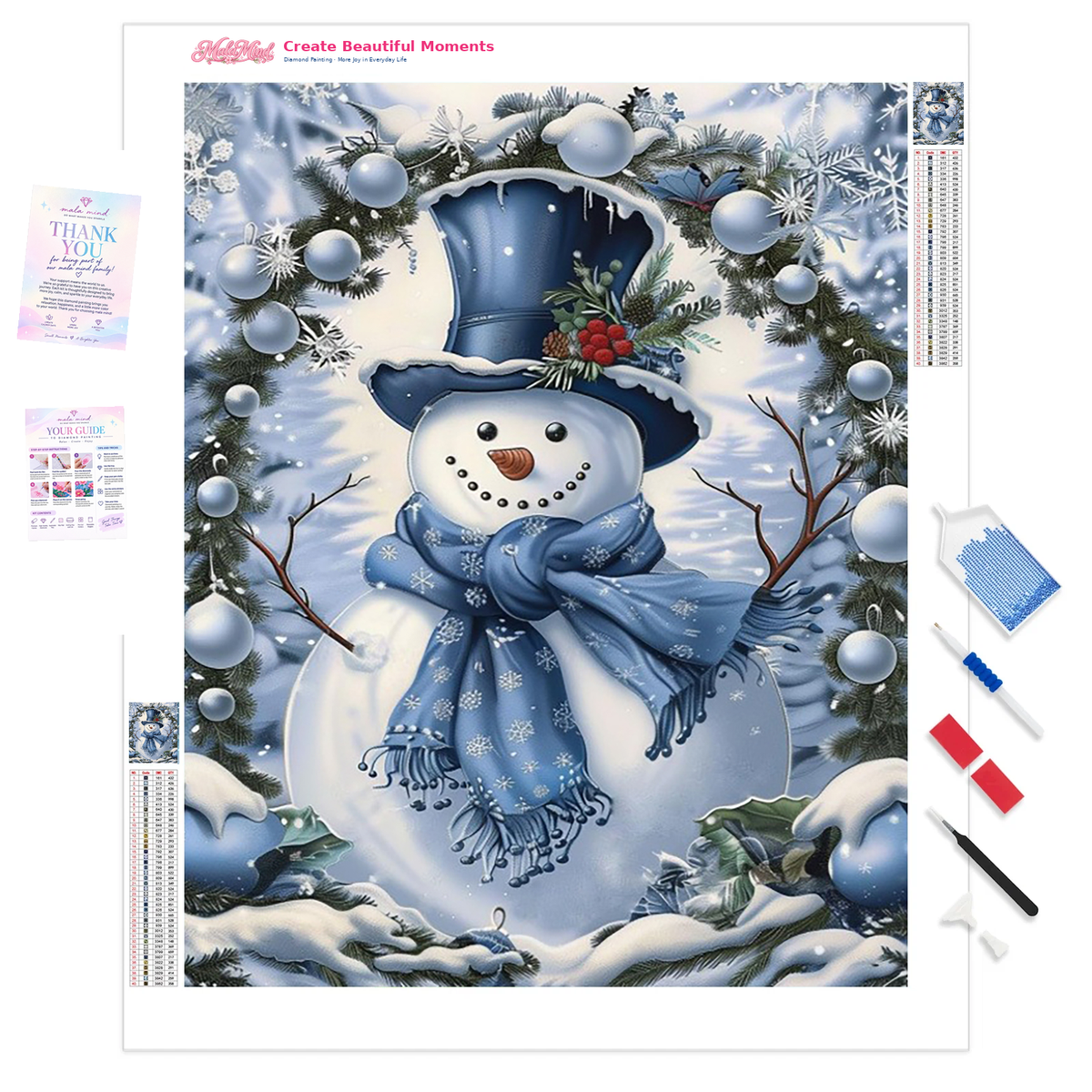 MalaMind Gallery V3 | 01 Product Clarity | CH-260920-001 | Smiling snowman in a blue top hat and scarf surrounded by snowy evergreens, ornaments, berries, and snowflakes