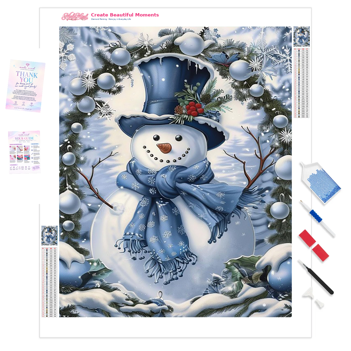 MalaMind Gallery V3 | 01 Product Clarity | CH-260922-010 | Smiling snowman in a blue hat and scarf framed by snowy evergreen branches and ornaments