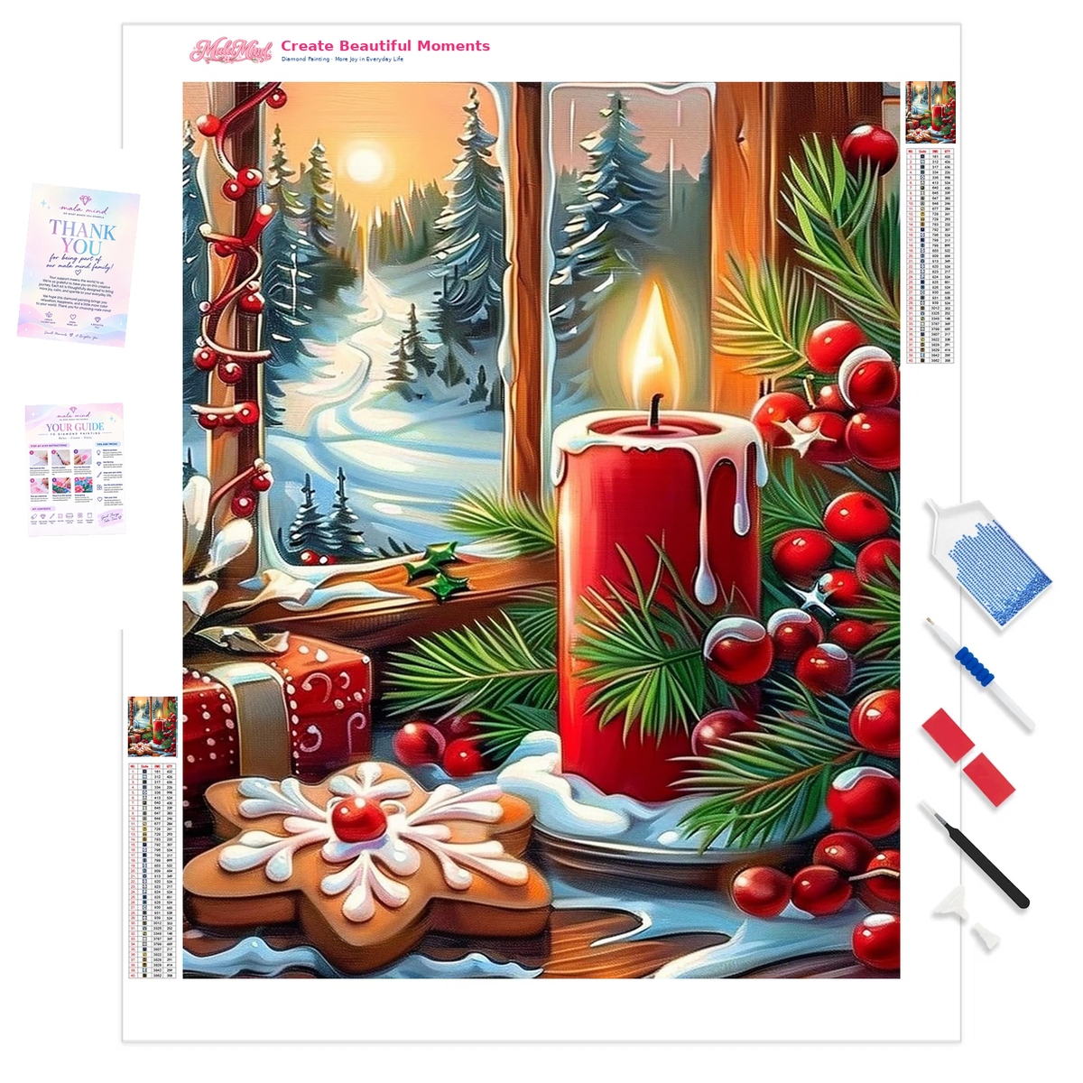 MalaMind Gallery V3 | 01 Product Clarity | CH-260921-077 | Red Christmas candle surrounded by pine, berries, gingerbread cookies, gifts, and a snowy forest view