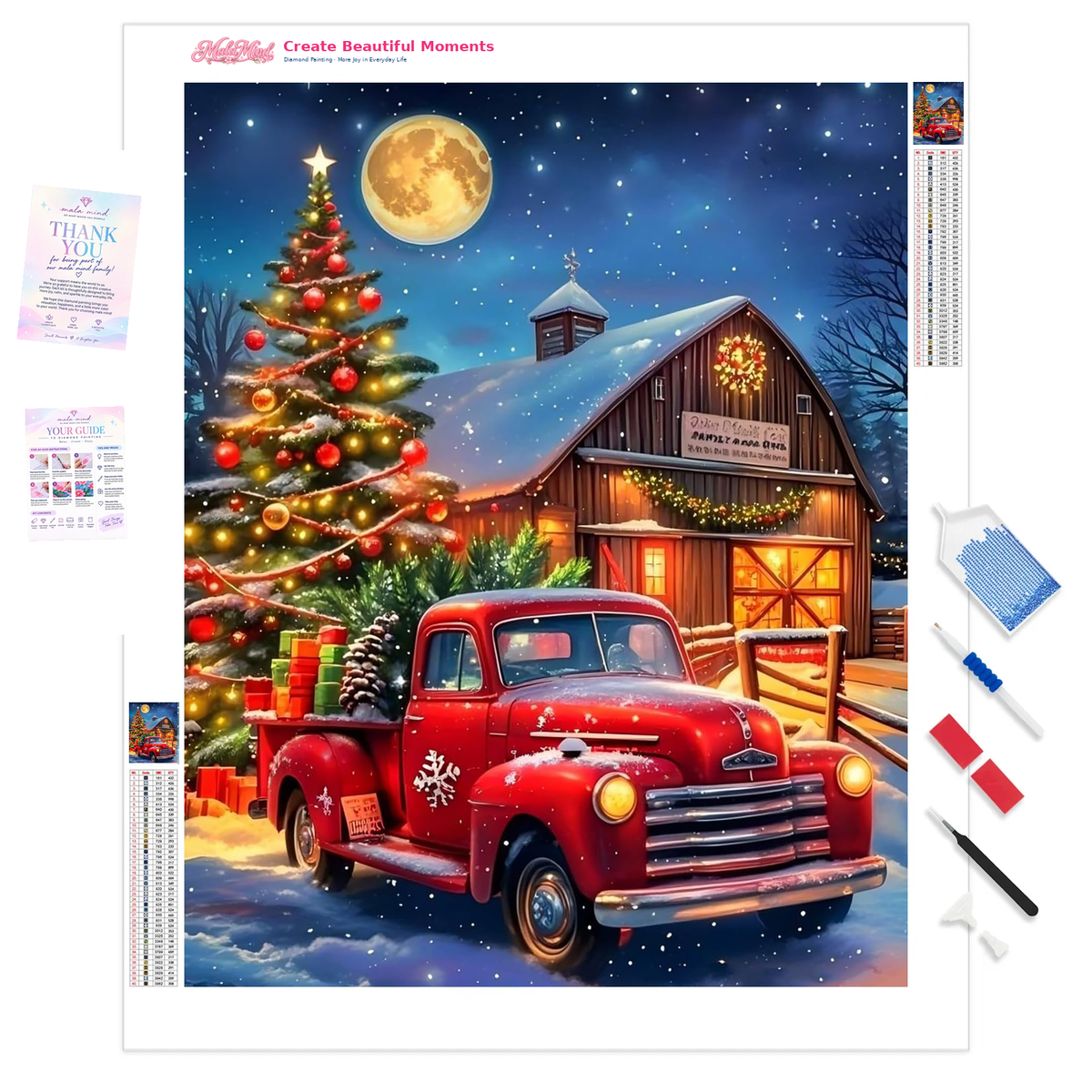 Red vintage pickup truck beside a lit Christmas tree and snowy barn beneath a full moon