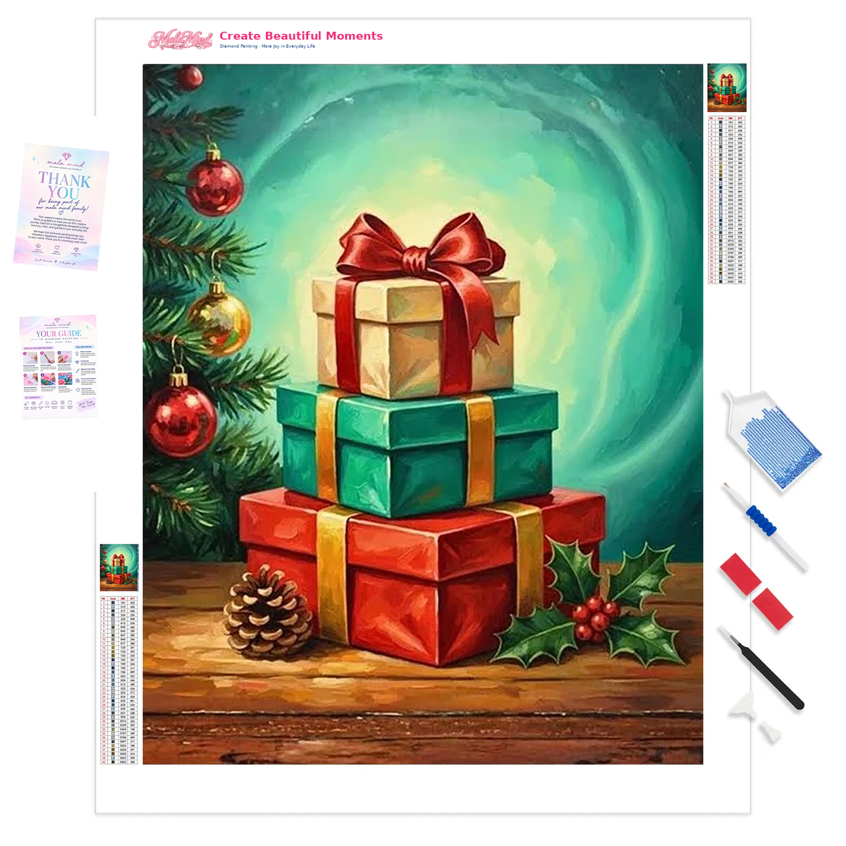 MalaMind Gallery V3 | 01 Product Clarity | CH-260921-020 | Three wrapped Christmas gifts beside an ornamented evergreen tree, holly, berries, and a pinecone.