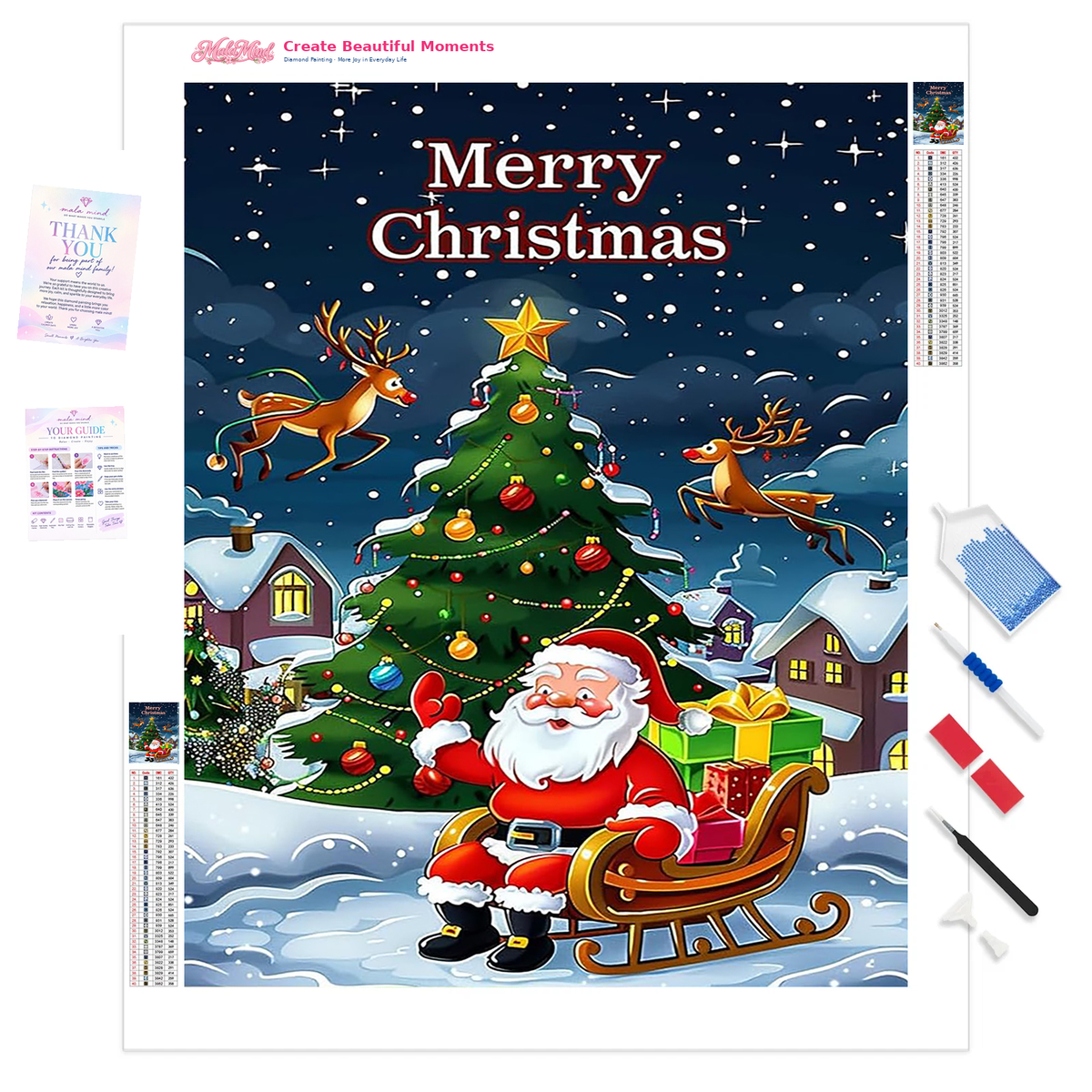 Cartoon Santa in a gift-filled sleigh beside a decorated tree, flying reindeer, and snowy village