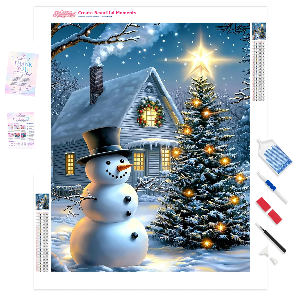 Top-hatted snowman beside a glowing Christmas tree and warmly lit snowy cabin at night