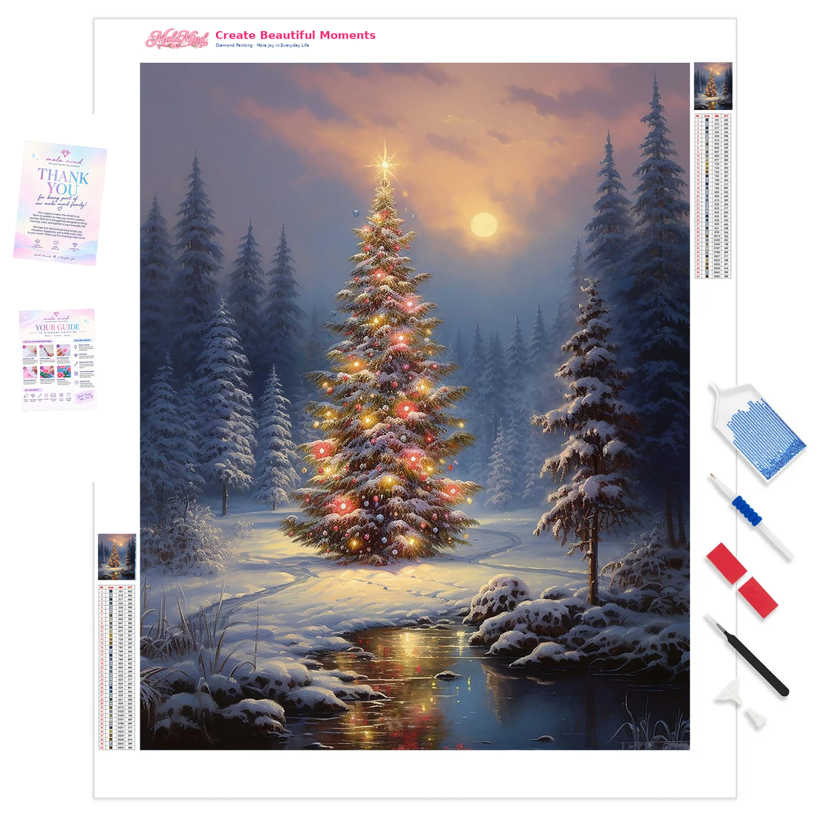 Glowing decorated Christmas tree beside a reflective stream in a snowy evergreen forest at twilight