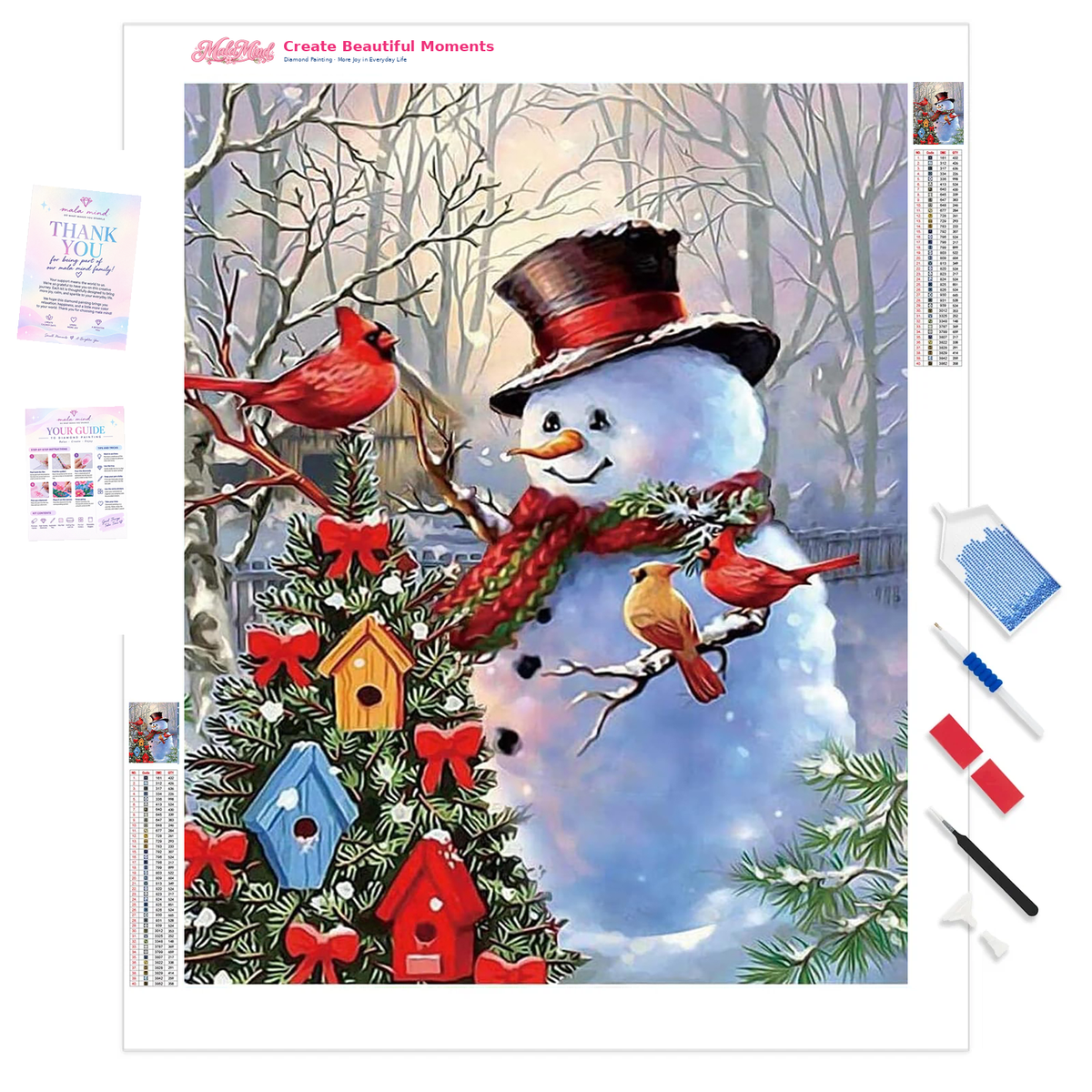 MalaMind Gallery V3 | 01 Product Clarity | CH-260921-073 | Smiling snowman in a top hat and scarf with cardinals beside a decorated evergreen and birdhouses
