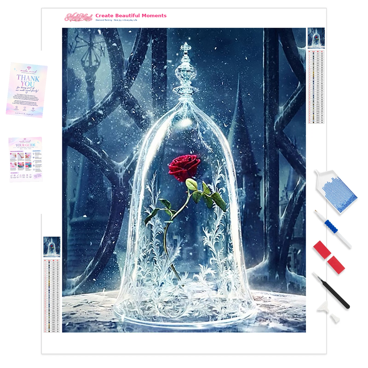 A red rose blooms inside a glass cloche, surrounded by frosted foliage in a snowy blue forest.