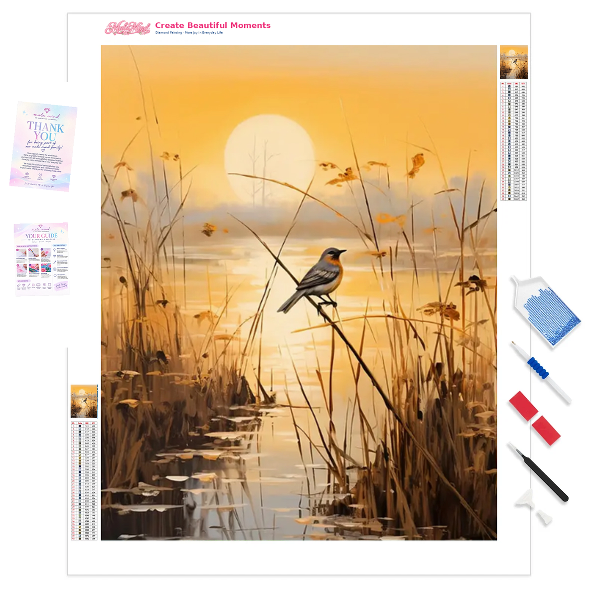 Songbird perched on a reed above reflective marsh water with tall grasses and a glowing sunset — 01_product_clarity