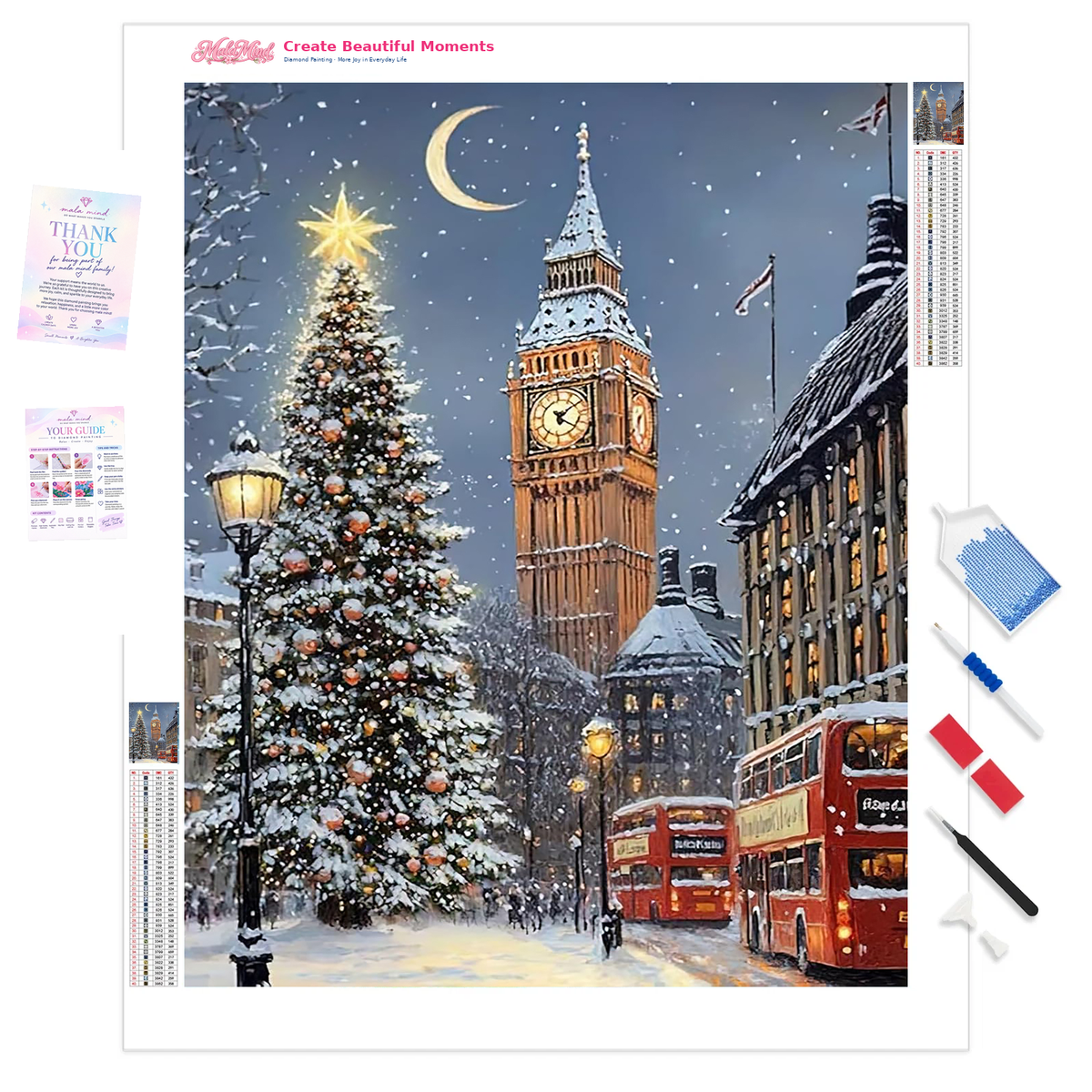 MalaMind Gallery V3 | 01 Product Clarity | CH-260921-085 | Snowy London street with Big Ben, a decorated Christmas tree, red buses, falling snow, and a crescent moon