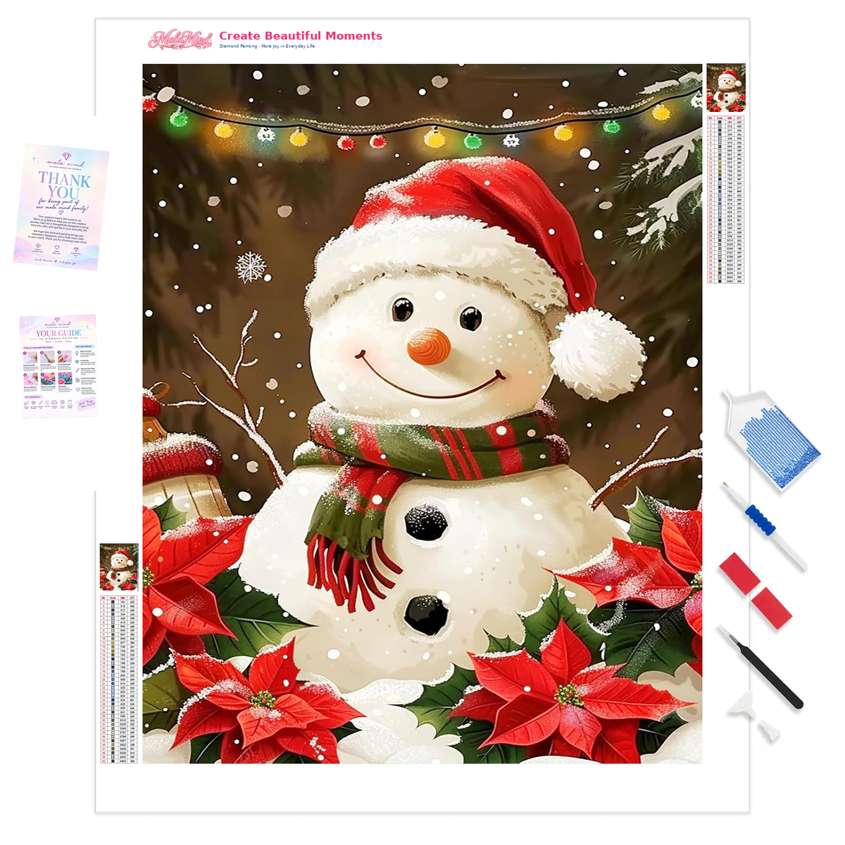 MalaMind Gallery V3 | 01 Product Clarity | CH-260921-084 | Smiling snowman in a Santa hat surrounded by snowy poinsettias, evergreen branches, and colorful holiday lights