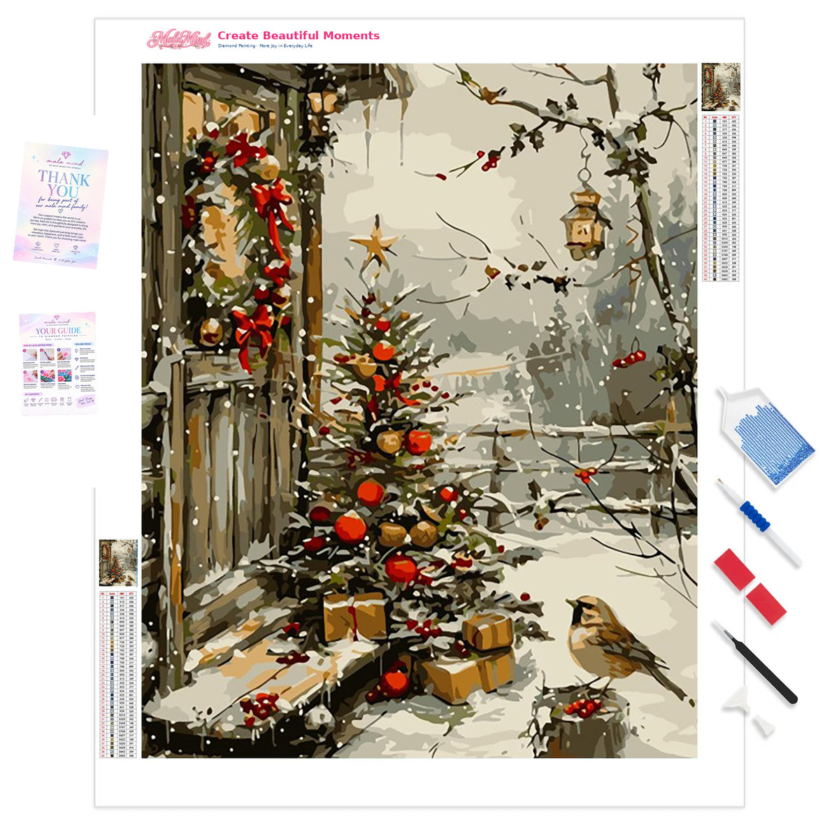 Snow-covered decorated Christmas tree with gifts, lantern, bird, and rustic woodland surroundings