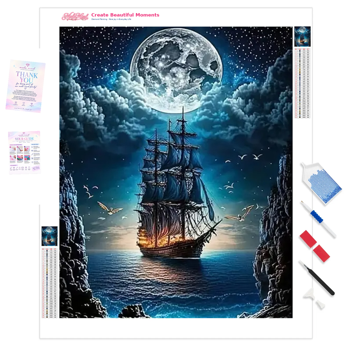 Tall sailing ship on moonlit water between rocky cliffs, beneath a large full moon and starry sky — 01_product_clarity