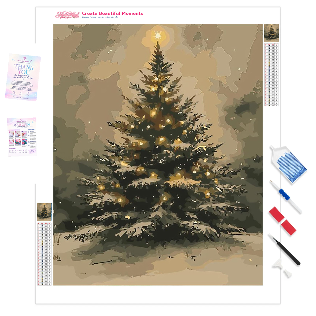 MalaMind Gallery V3 | 01 Product Clarity | CH-260921-001 | Painterly Christmas tree glowing with golden lights and a star in a snowy woodland