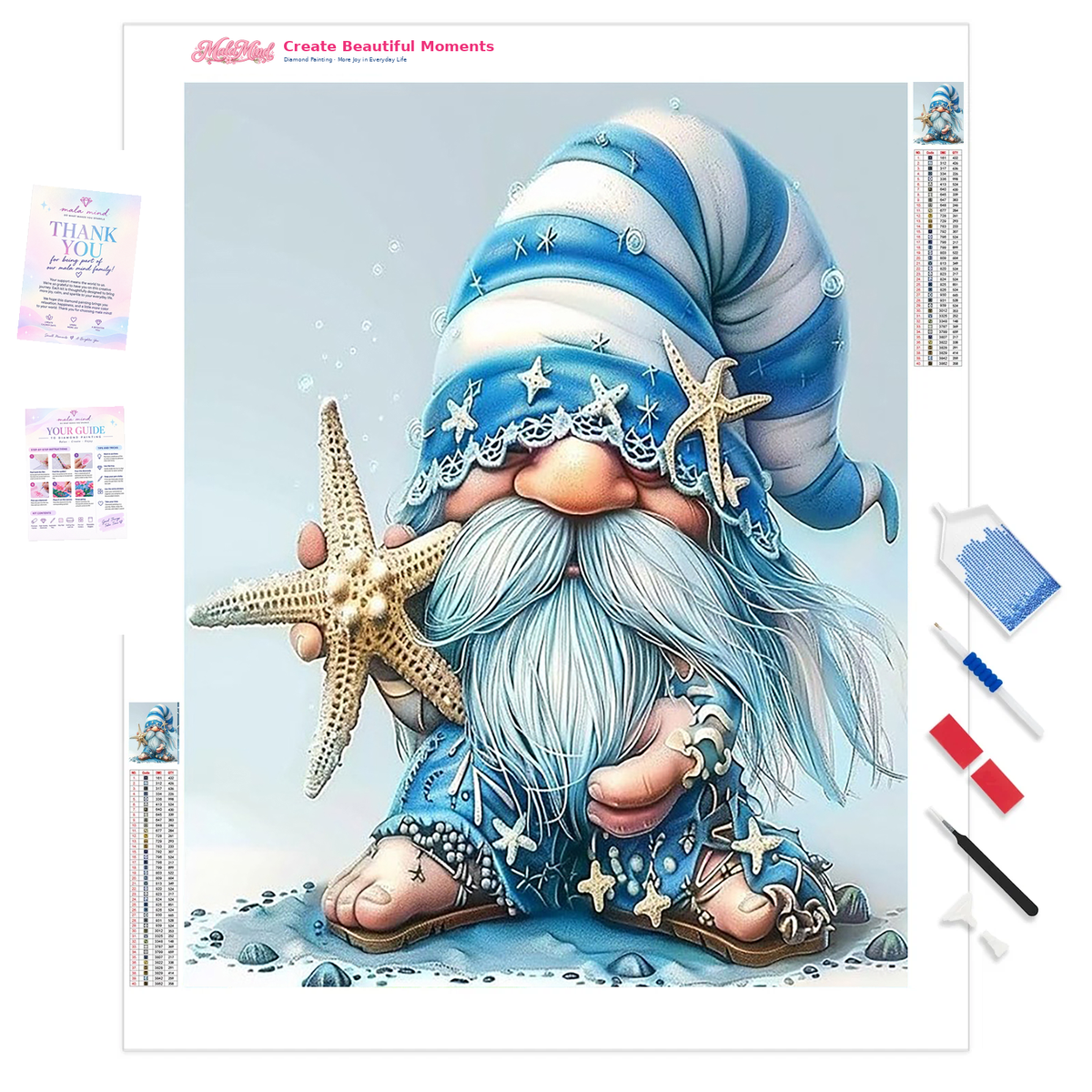 Blue-bearded seaside gnome in a striped hat presents a large starfish amid shells and pebbles.