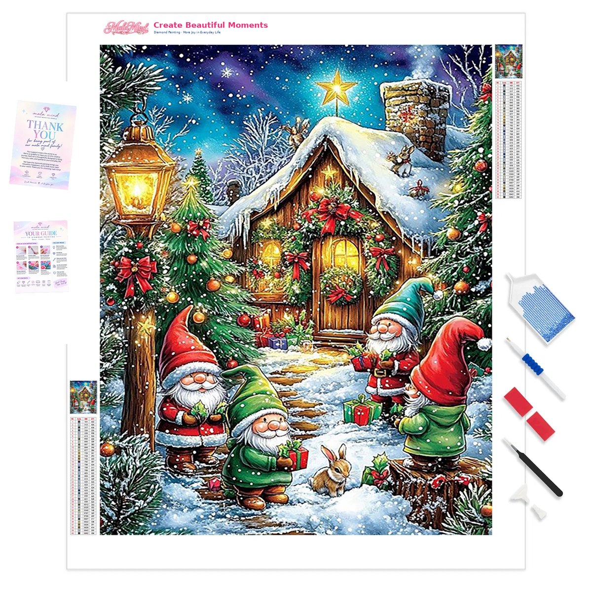 MalaMind Gallery V3 | 01 Product Clarity | CH-260922-005 | Christmas gnomes with presents outside a glowing snowy cabin among decorated evergreen trees
