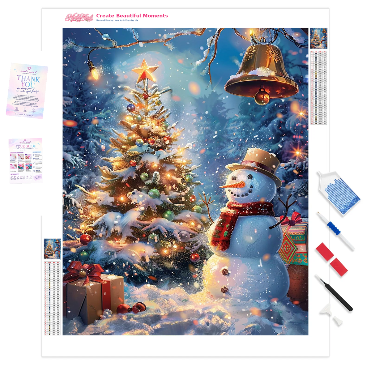 Glowing decorated Christmas tree beside a cheerful snowman in a snowy forest with gifts and falling snow