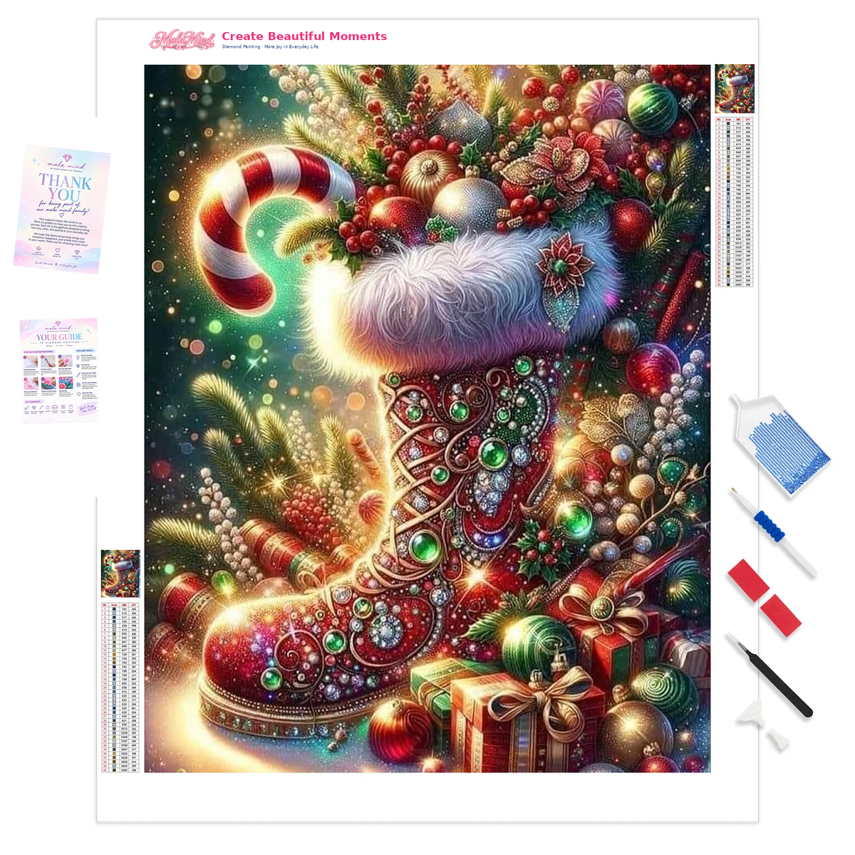 Jeweled red Christmas stocking with blue cuff, ornaments, candy cane, greenery, lights, and wrapped gifts