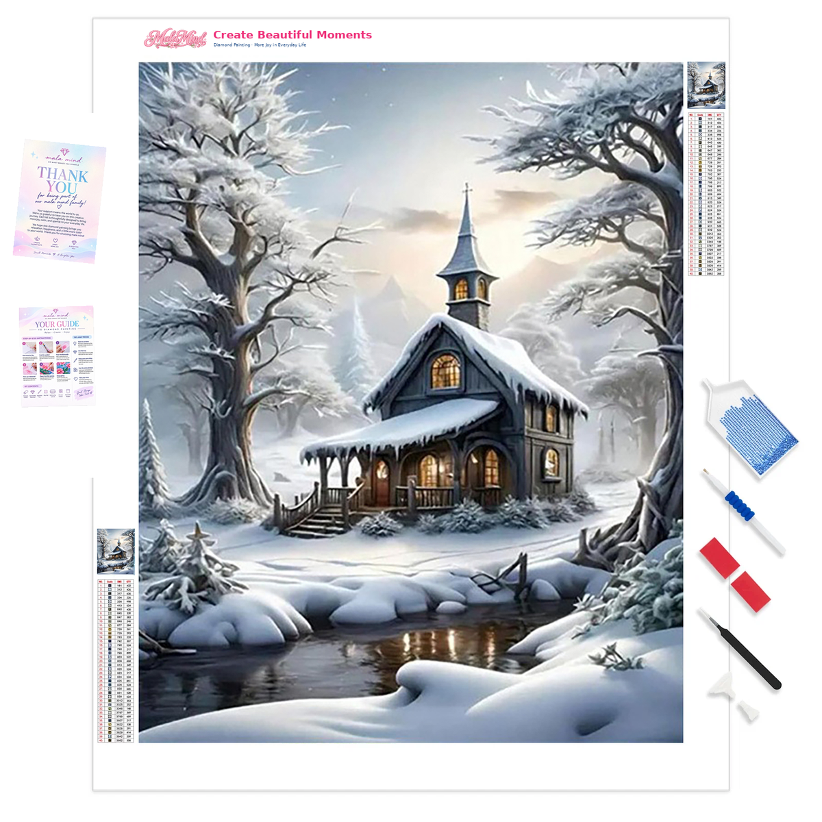 MalaMind Gallery V3 | 01 Product Clarity | LS-260922-004 | Snow-covered woodland chapel with glowing windows, frosted trees, snowbanks, and a partially frozen stream