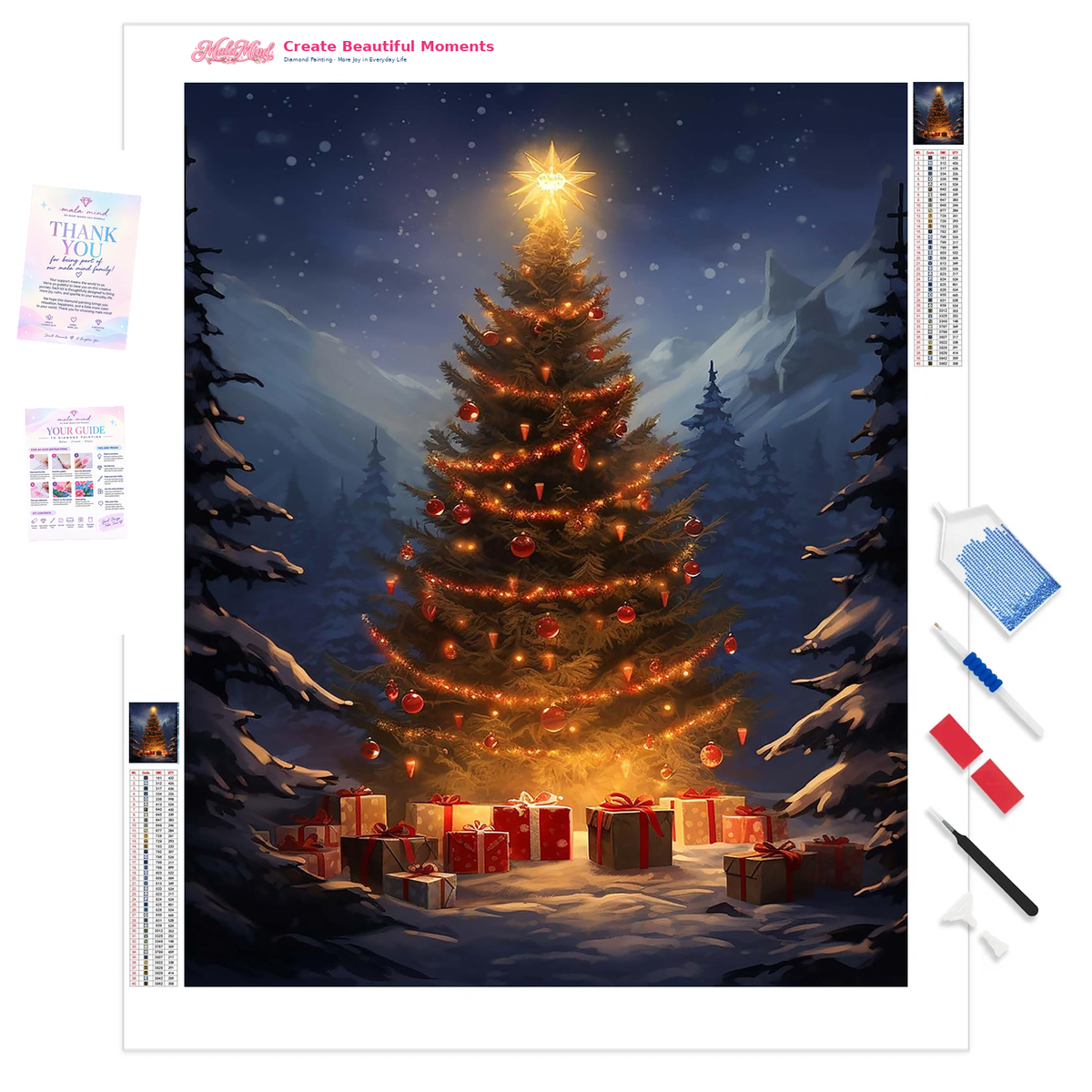 MalaMind Gallery V3 | 01 Product Clarity | CH-260921-058 | Glowing decorated Christmas tree with red ornaments and presents in a snowy mountain forest at night