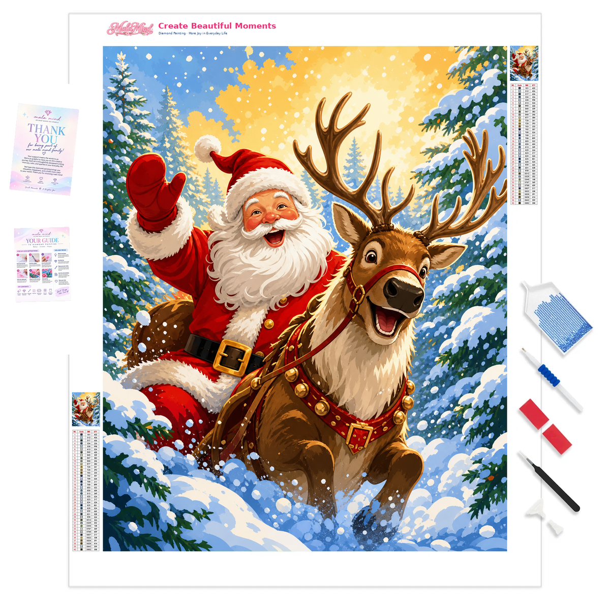 MalaMind Gallery V3 | 01 Product Clarity | CH-260929-002 | Santa rides beside a joyful antlered reindeer through a snowy evergreen forest beneath a glowing sky.