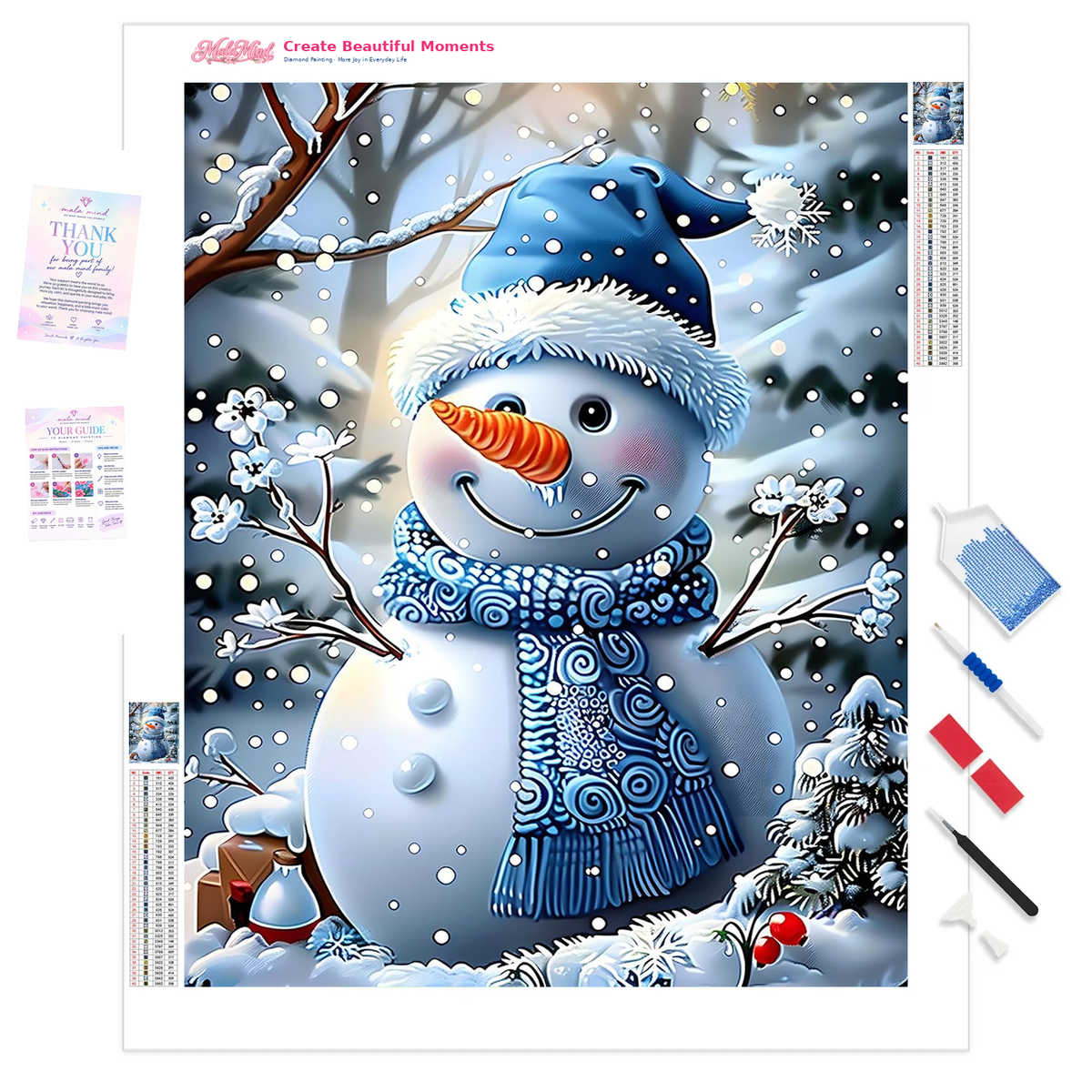 MalaMind Gallery V3 | 01 Product Clarity | CH-260921-075 | Smiling snowman in a blue hat and patterned scarf surrounded by snowy branches and an evergreen tree