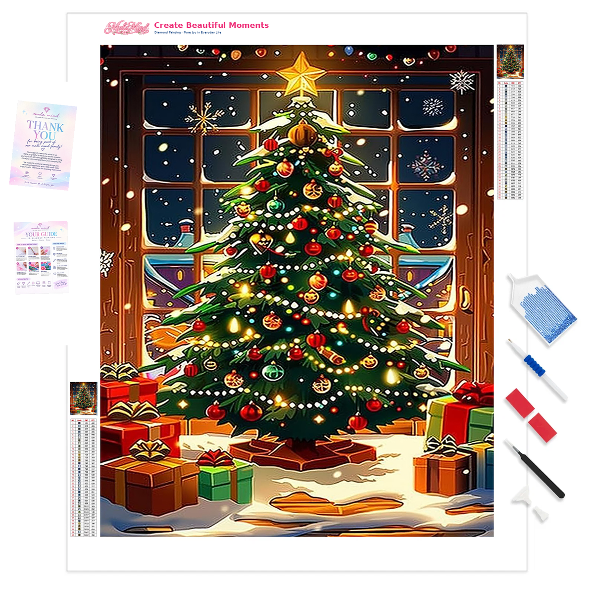 Colorful decorated Christmas tree with a gold star, snowy windows, lights, and wrapped presents