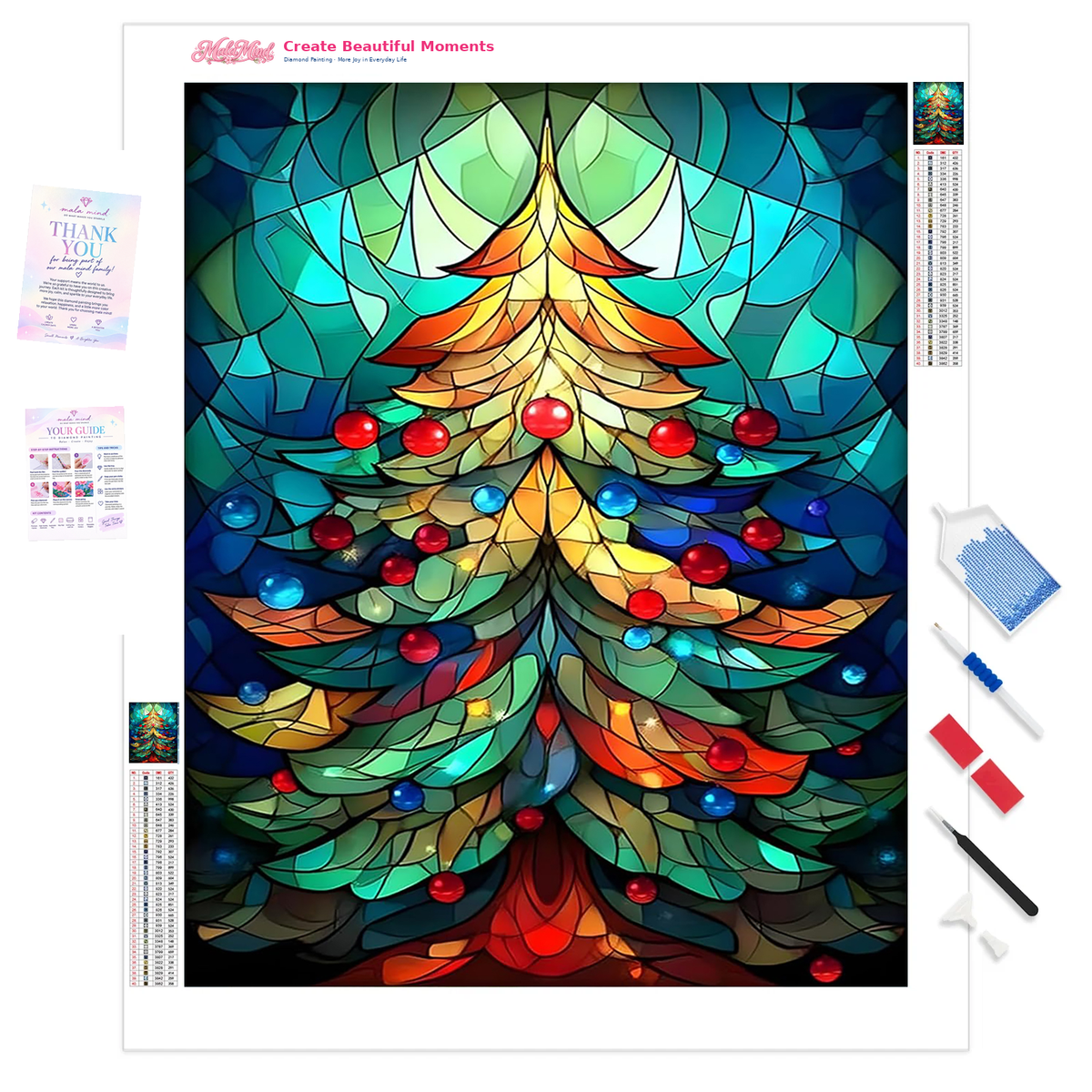 MalaMind Gallery V3 | 01 Product Clarity | CH-260921-048 | Symmetrical stained-glass Christmas tree decorated with red and blue baubles on a deep teal background.