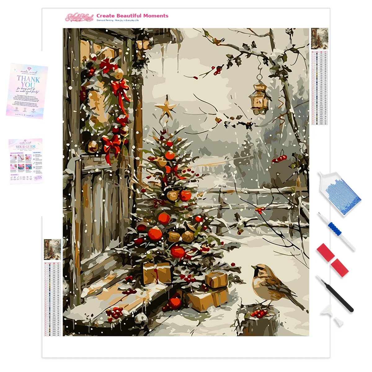 MalaMind Gallery V3 | 01 Product Clarity | CH-260922-006 | Snowy Christmas woodland path decorated with red ornaments, evergreen branches, gifts, ribbons, and a hanging lantern