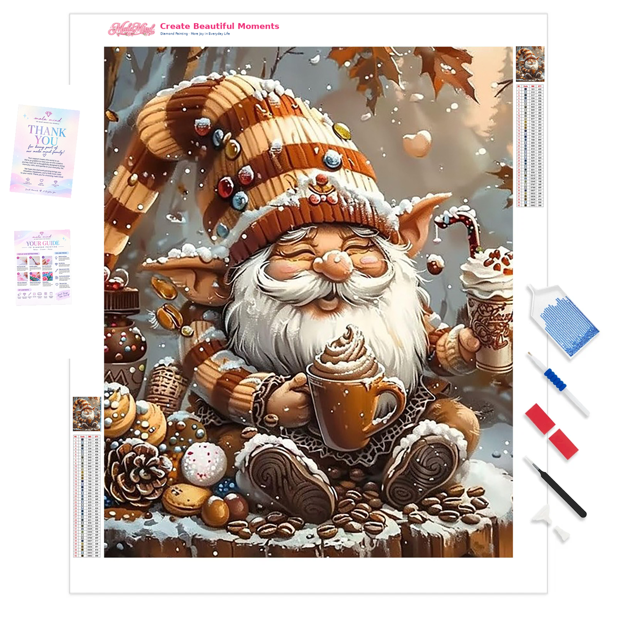 White-bearded gnome in a snowy woodland holding whipped-cream coffee among pastries and sweets