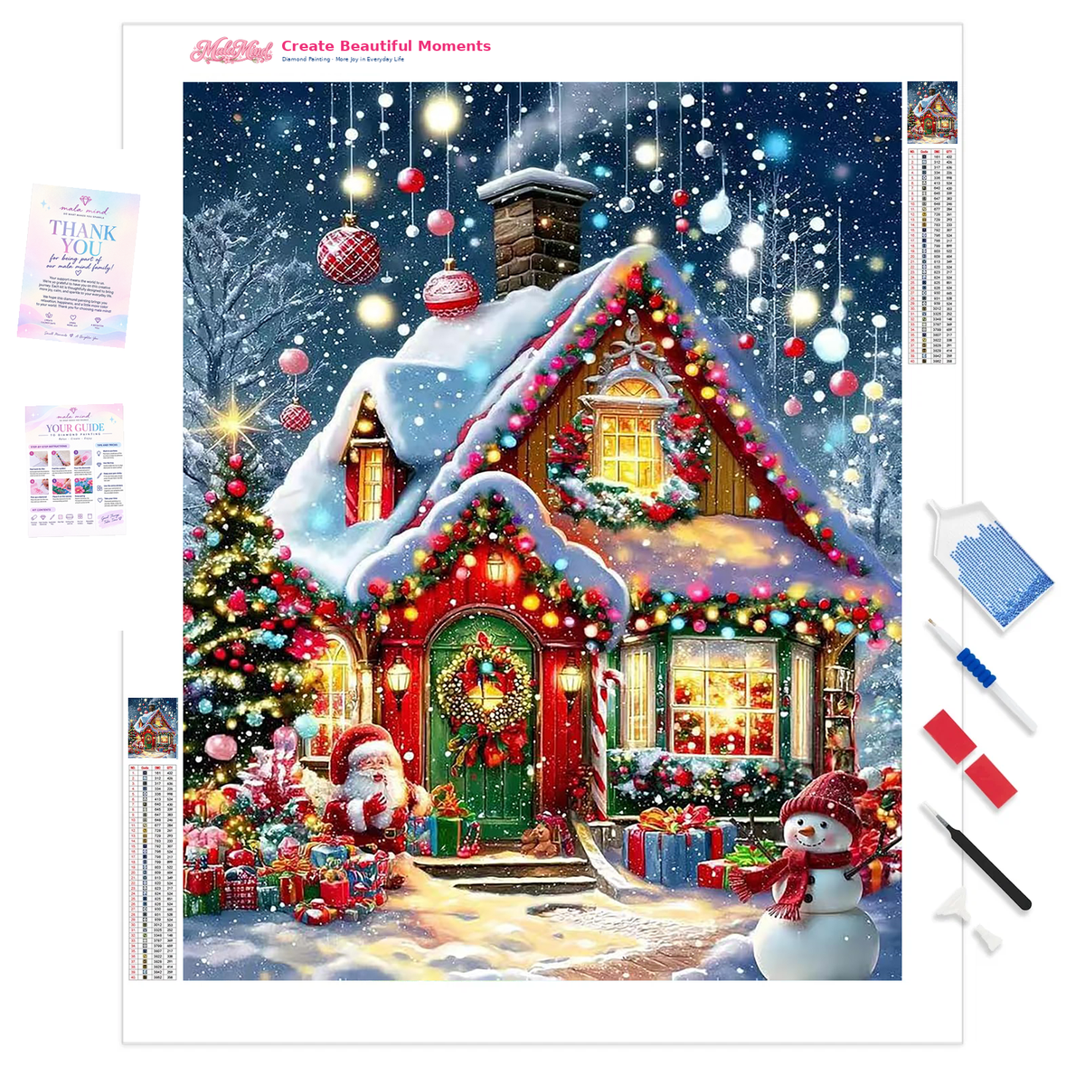 Snow-covered Christmas cottage with lights, tree, Santa, presents, and snowman beneath a snowy night sky