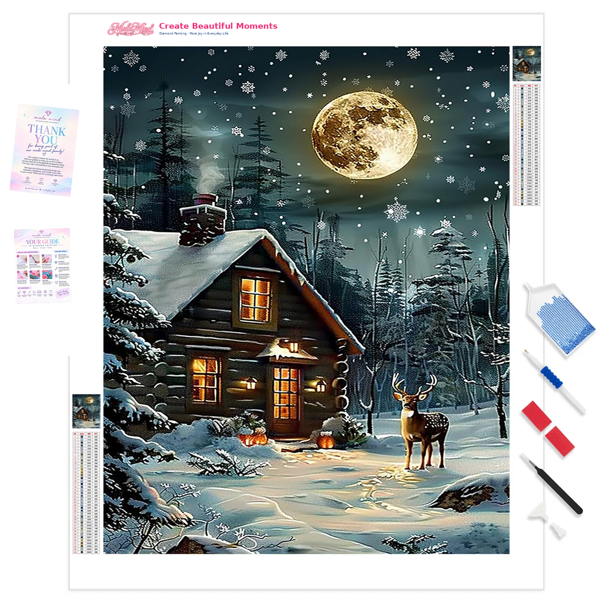 Snow-covered cabin glowing beneath a full moon as a deer stands on a forest path