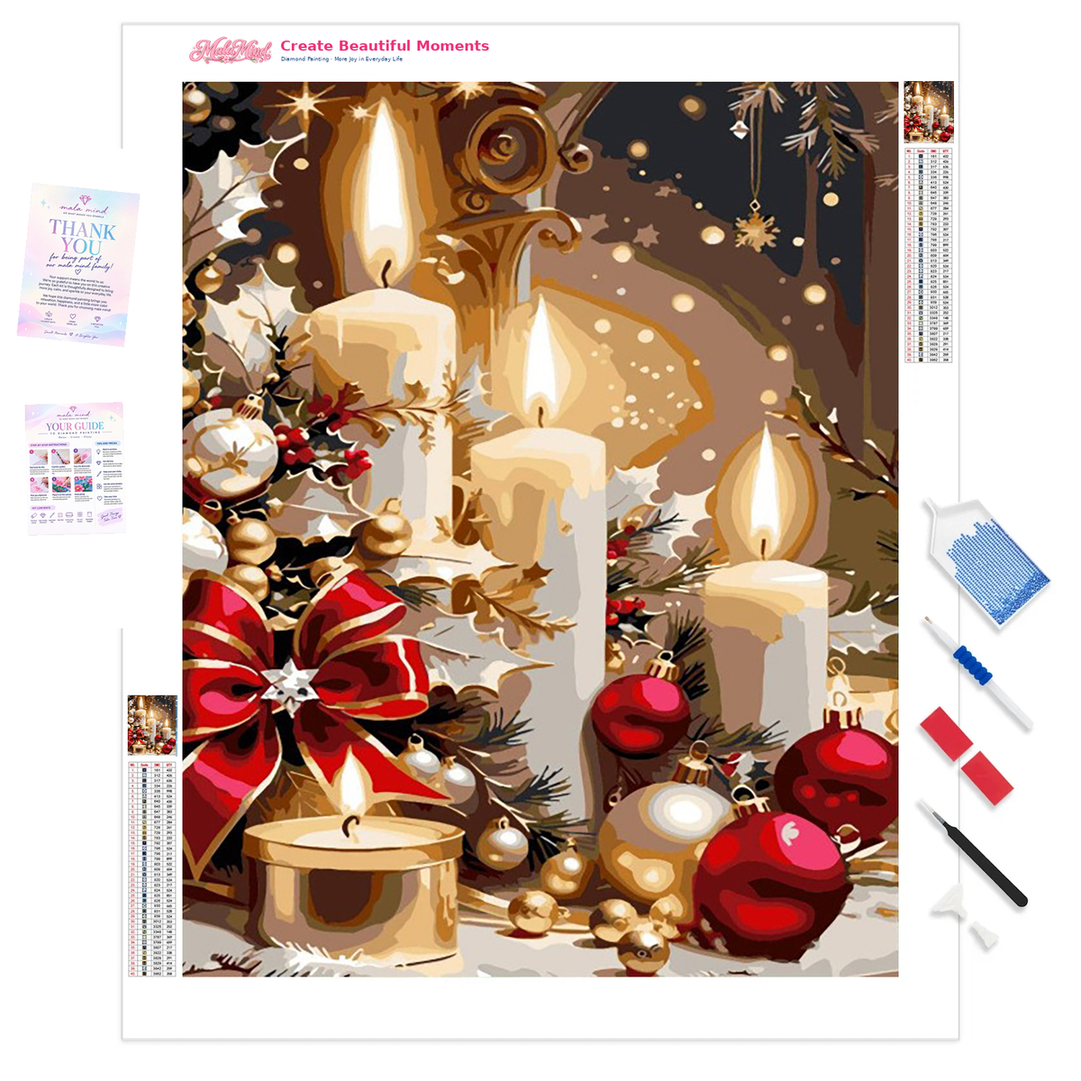 Candlelit Christmas still life with white candles, red ornaments, bows, berries, and evergreen branches