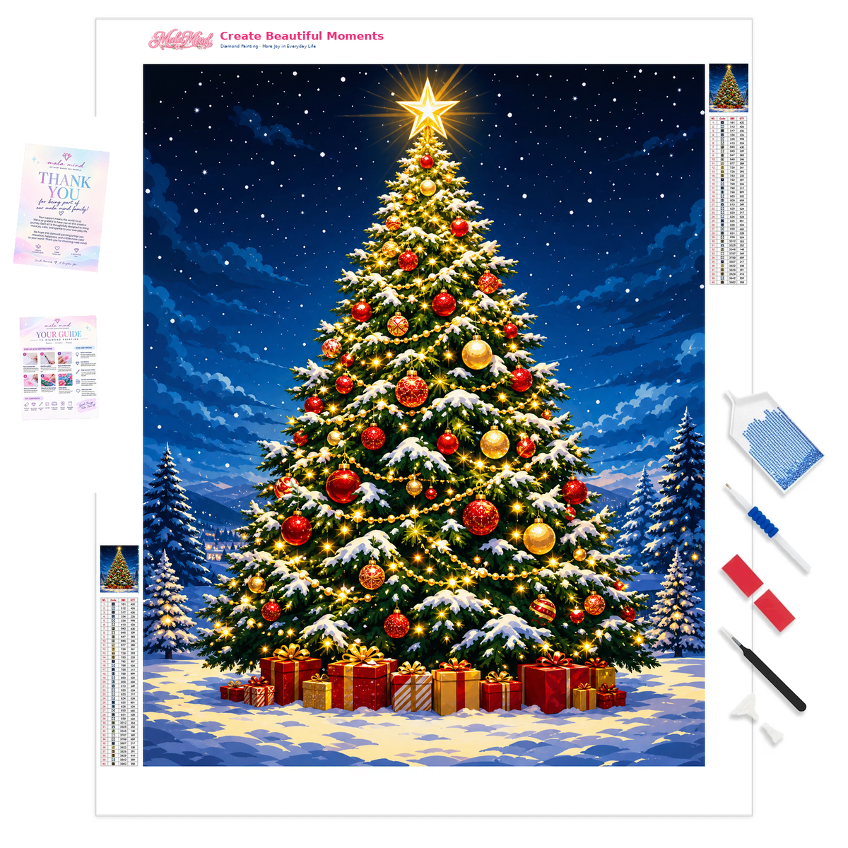 MalaMind Gallery V3 | 01 Product Clarity | CH-260929-003 | Snow-covered Christmas tree with red and gold ornaments, lights, presents, and a starry blue sky
