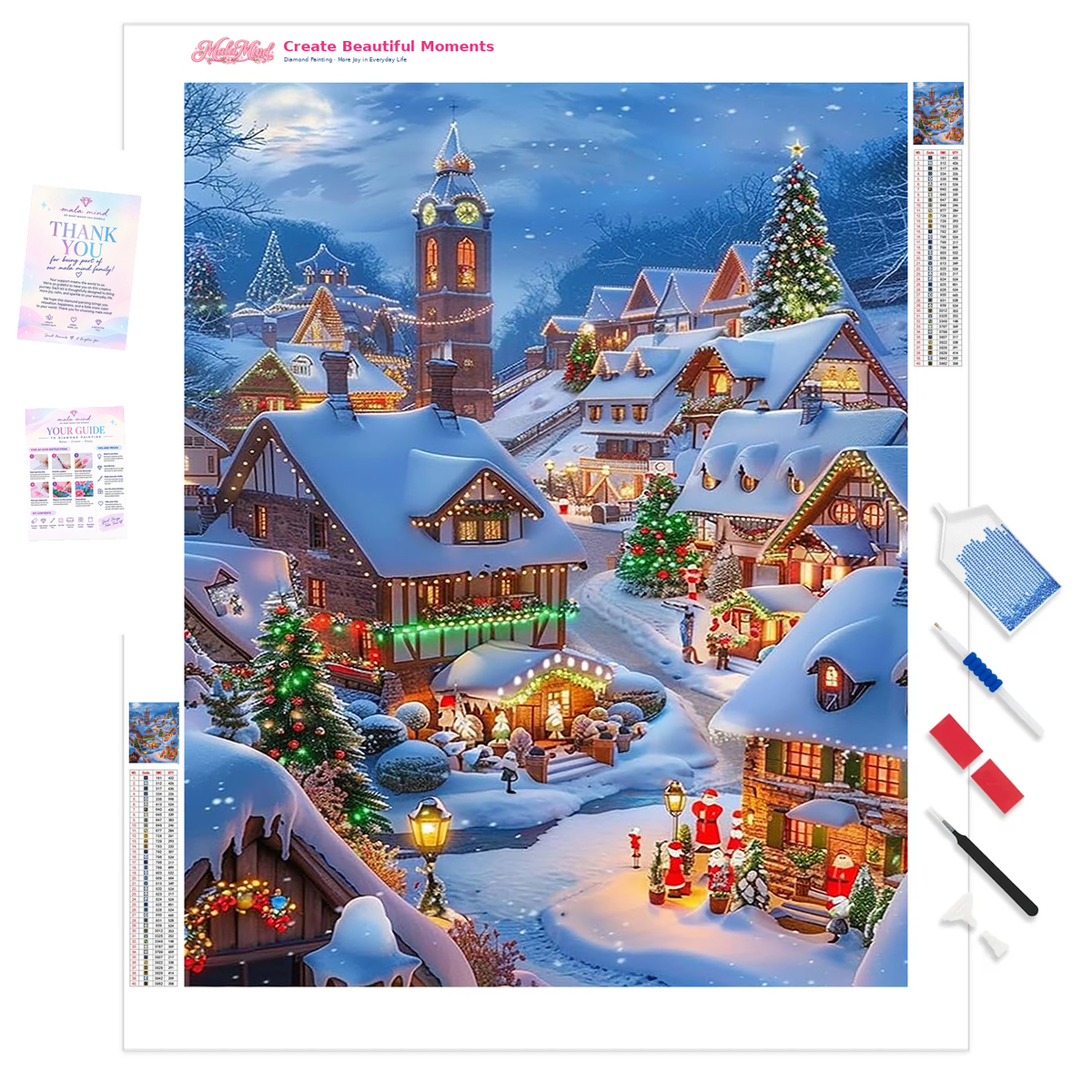 Snowy Christmas village with glowing chalets, church tower, decorated trees, falling snow, and warm holiday lights.