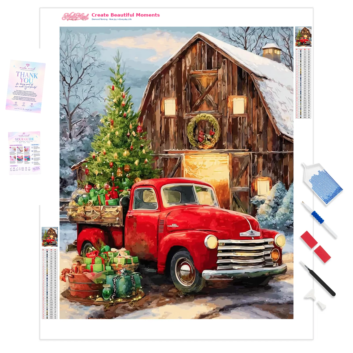 Red vintage pickup loaded with Christmas gifts beside a snowy barn and decorated tree