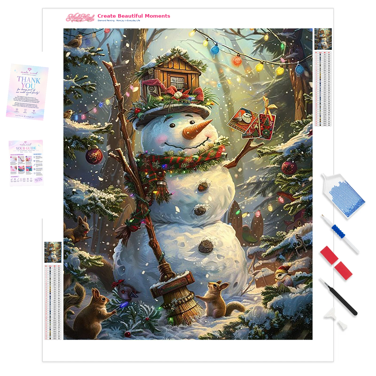 MalaMind Gallery V3 | 01 Product Clarity | CH-260922-002 | Decorated snowman with a cabin hat, woodland animals, lights, and ornaments in a snowy evergreen forest