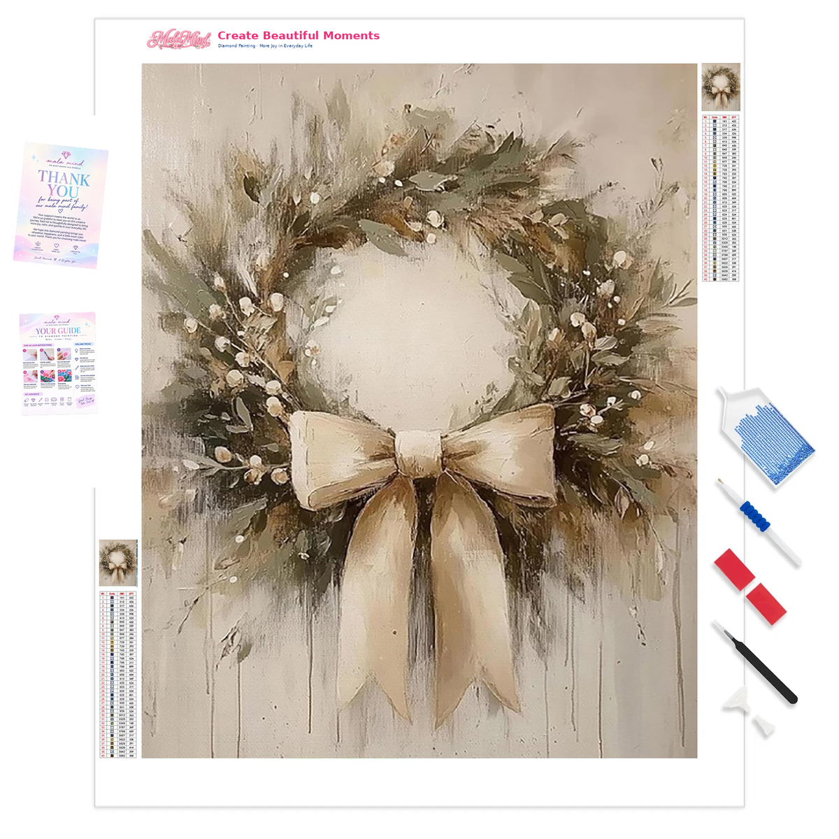 MalaMind Gallery V3 | 01 Product Clarity | FL-260921-005 | Painterly botanical wreath with muted greenery, pale berries, and a large cream ribbon bow