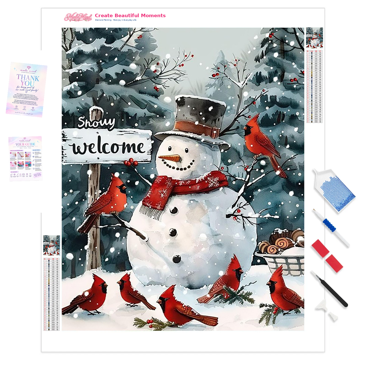 MalaMind Gallery V3 | 01 Product Clarity | CH-260922-001 | Snowman in a red scarf surrounded by red cardinals in a snowy evergreen woodland