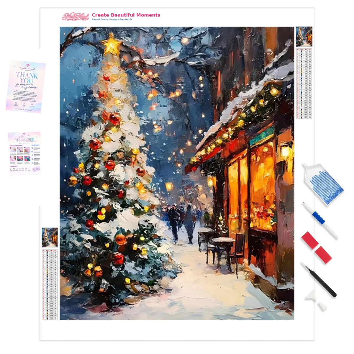 MalaMind Gallery V3 | 01 Product Clarity | CH-260921-003 | Snow-covered Christmas tree beside a warmly glowing shop on a narrow snowy village street