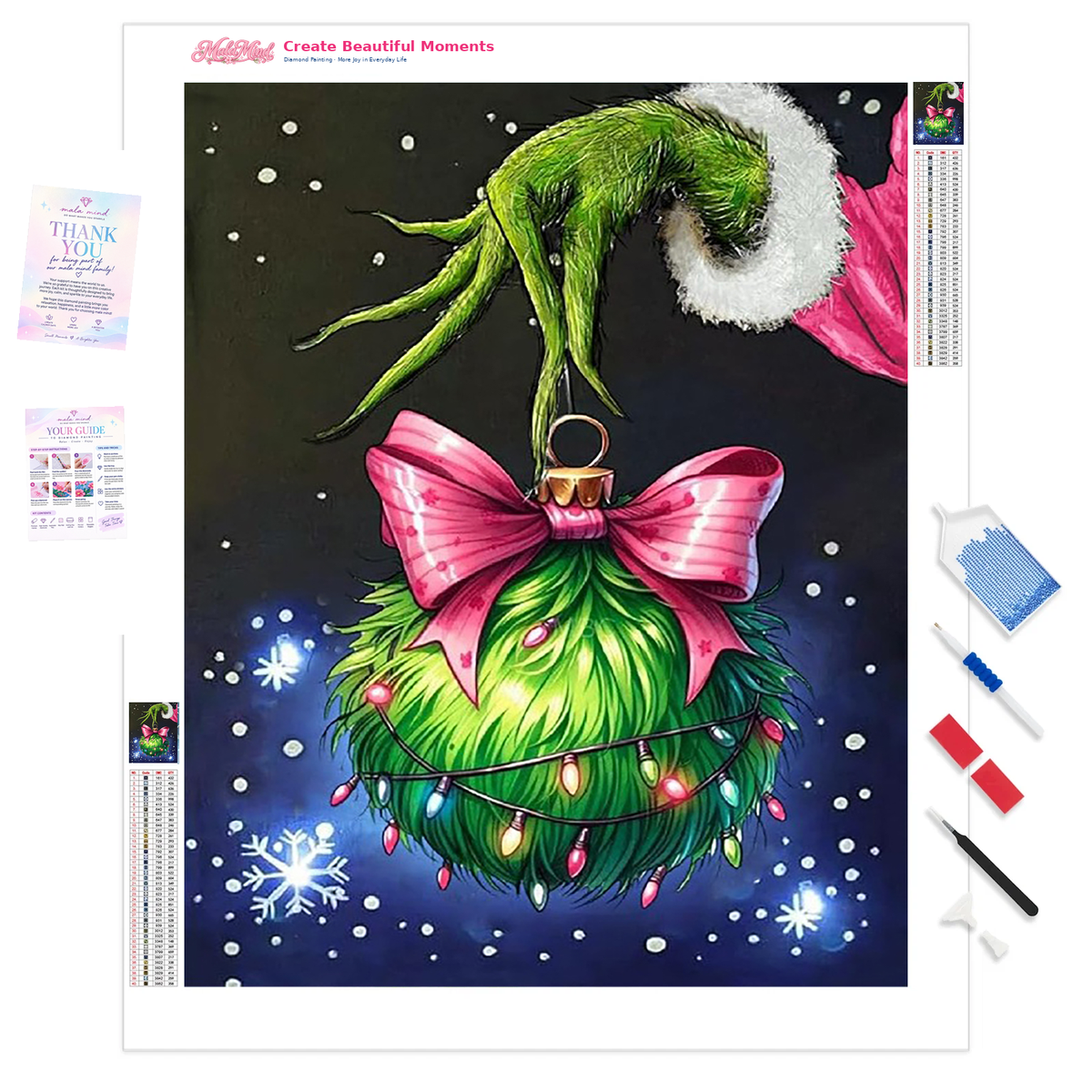 MalaMind Gallery V3 | 01 Product Clarity | CH-260920-004 | Green Christmas tree ornament with a large pink bow, colorful lights, and snowflakes on a dark blue background