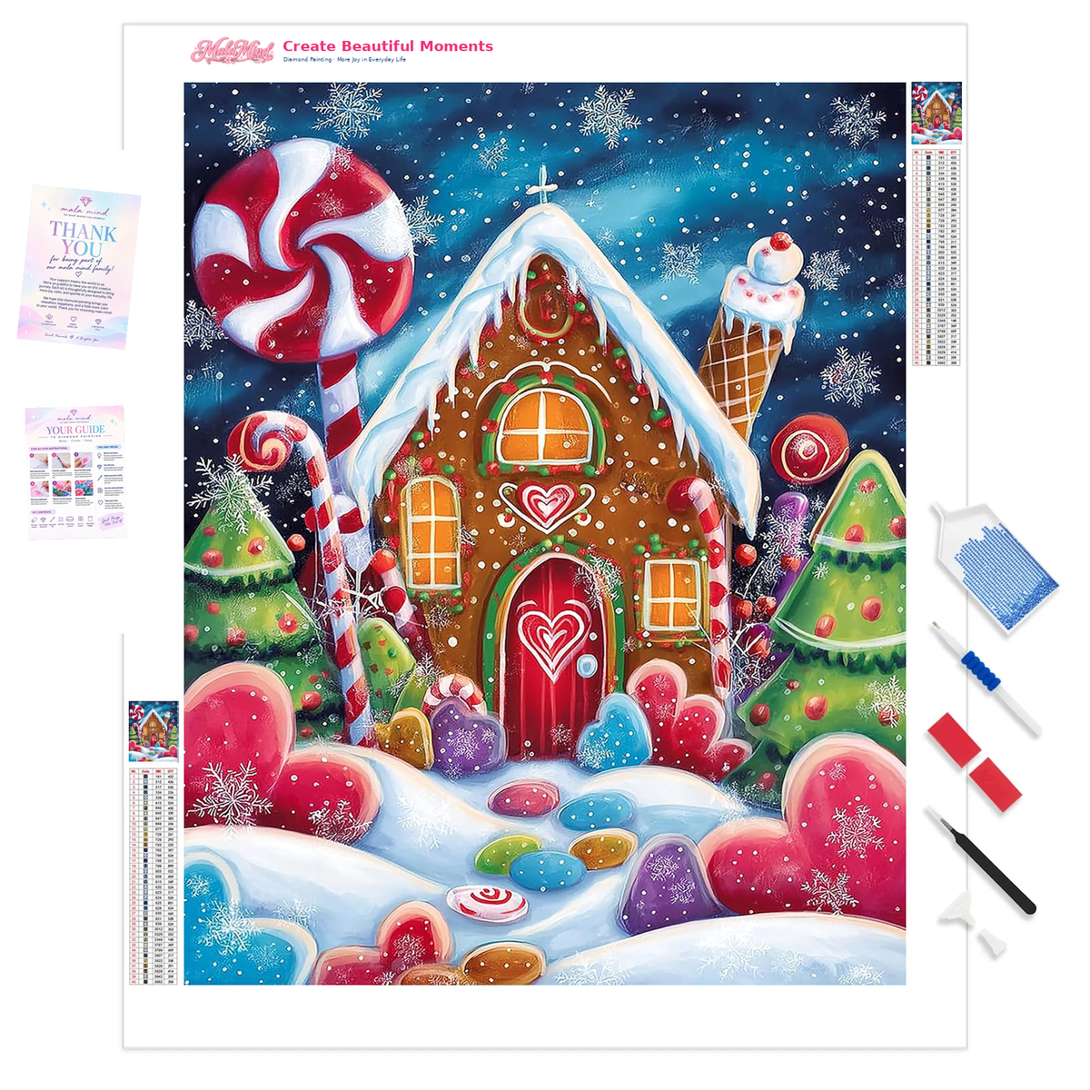 Snow-covered gingerbread house surrounded by candy trees, lollipops, snowflakes, and colorful sweets.