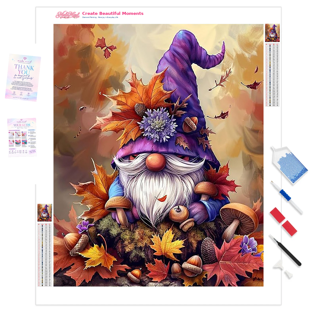 Bearded gnome in a purple hat surrounded by mushrooms, acorns, moss, and colorful autumn leaves