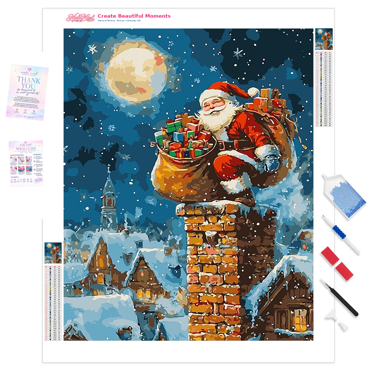 MalaMind Gallery V3 | 01 Product Clarity | CH-260922-011 | Santa sits on a snowy brick chimney with gifts and a sack beneath a glowing full moon.
