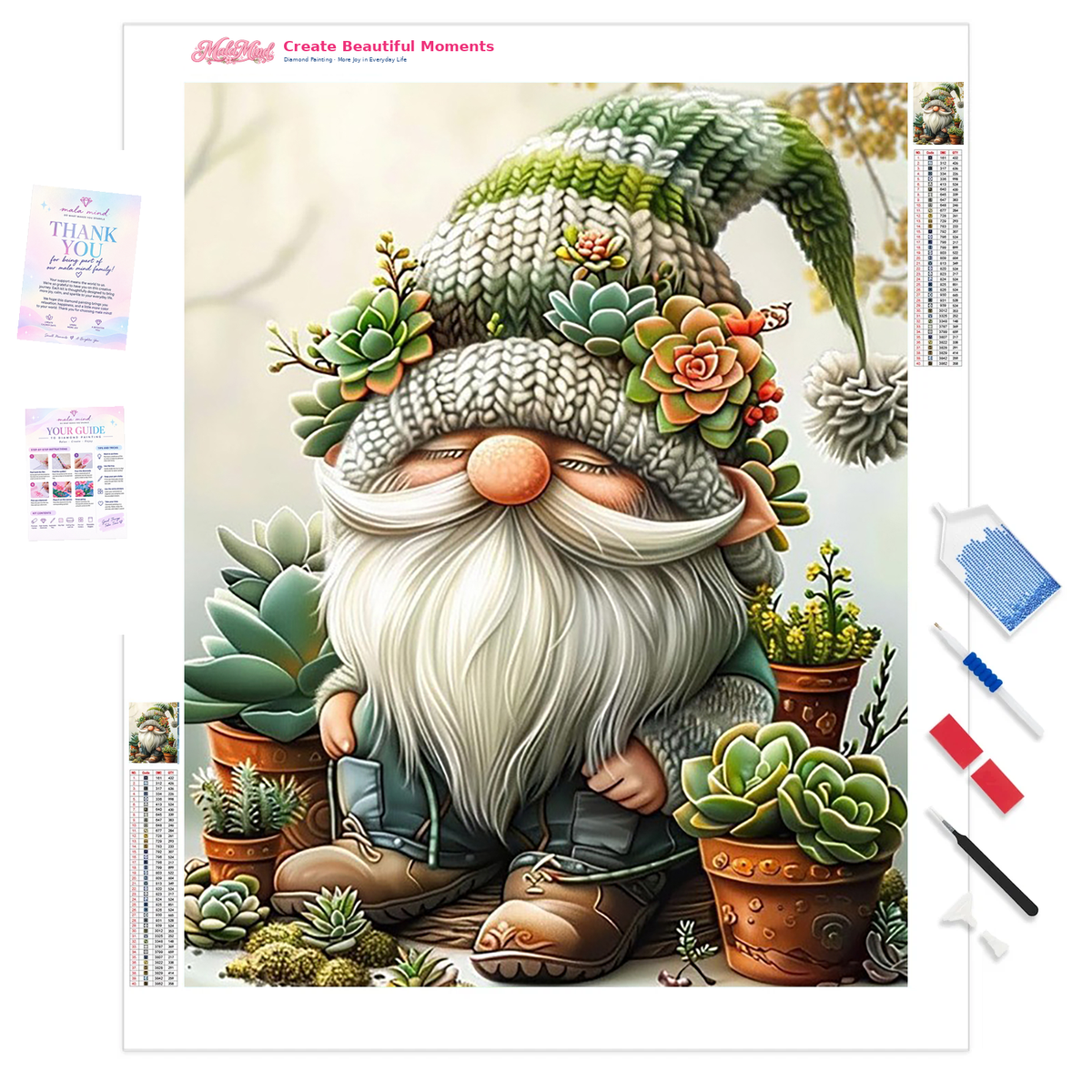 Bearded garden gnome in a succulent-filled setting with terracotta pots and a green pointed hat